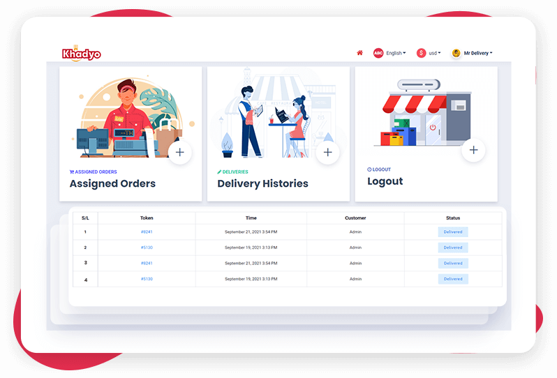 Delivery man dashboard of Khadyo restaurant software features page