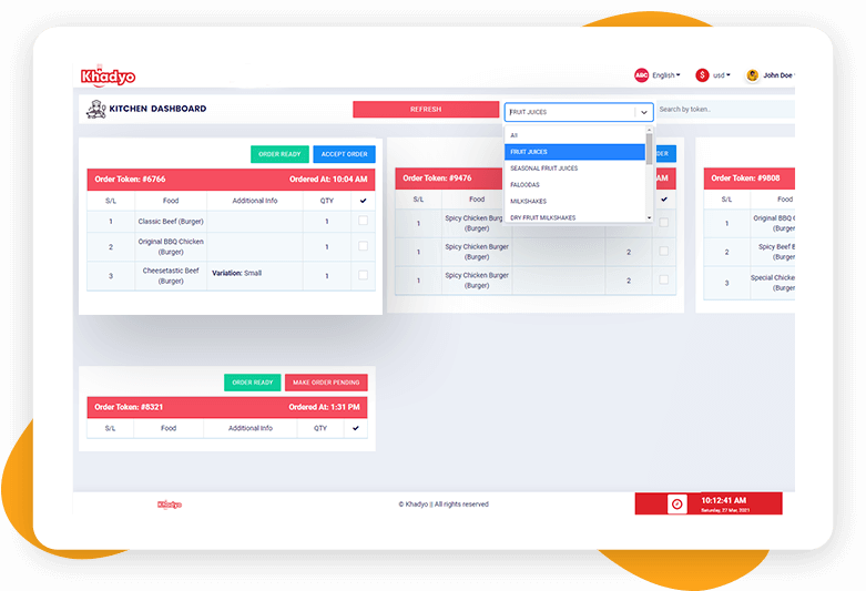 Kitchen dashboard of Khadyo restaurant software features page