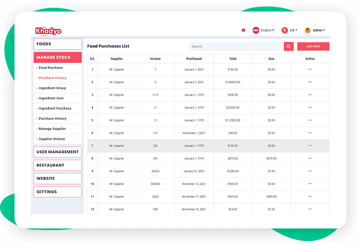 Stock management system of Khadyo restaurant software features page