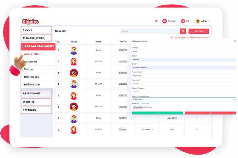 User management system of Khadyo restaurant software features page